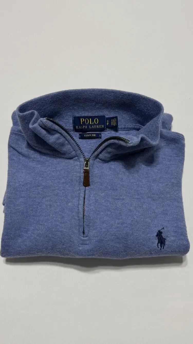 Polo Ralph Lauren Mens Small Blue 1/4 Zip Estate Rib Pullover Mock Neck Preppy